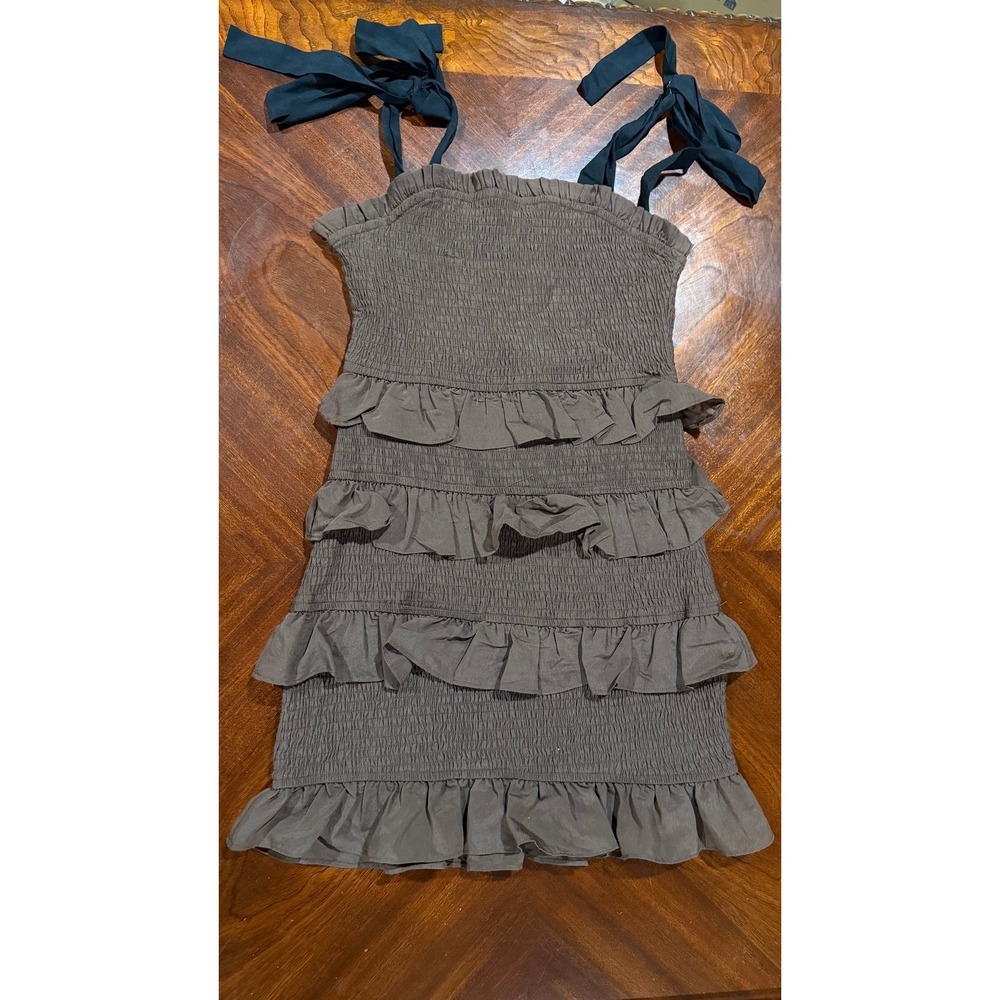 Endless‎ Rose Brown Smocked Ruffle Mini Dress with Black Tie Straps size medium